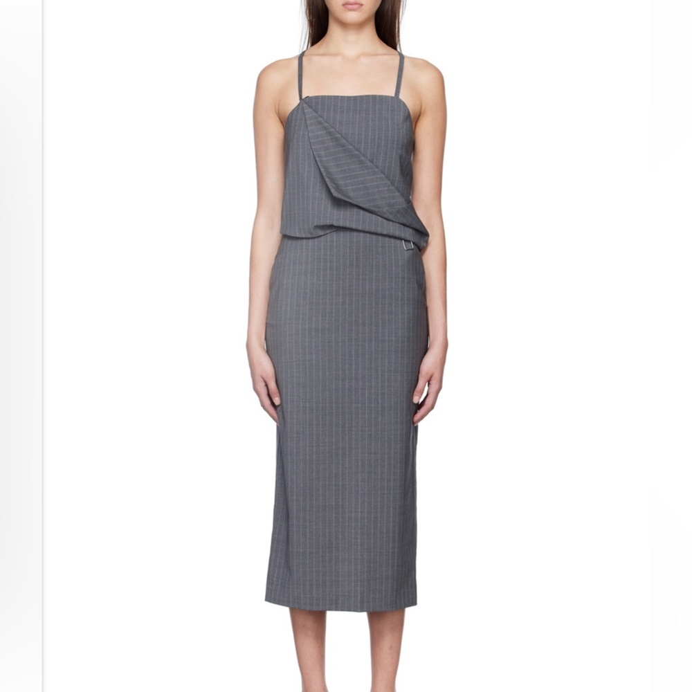 Low Classic Drape Sleeveless Gray Striped Midi Dress Small NEW $430
